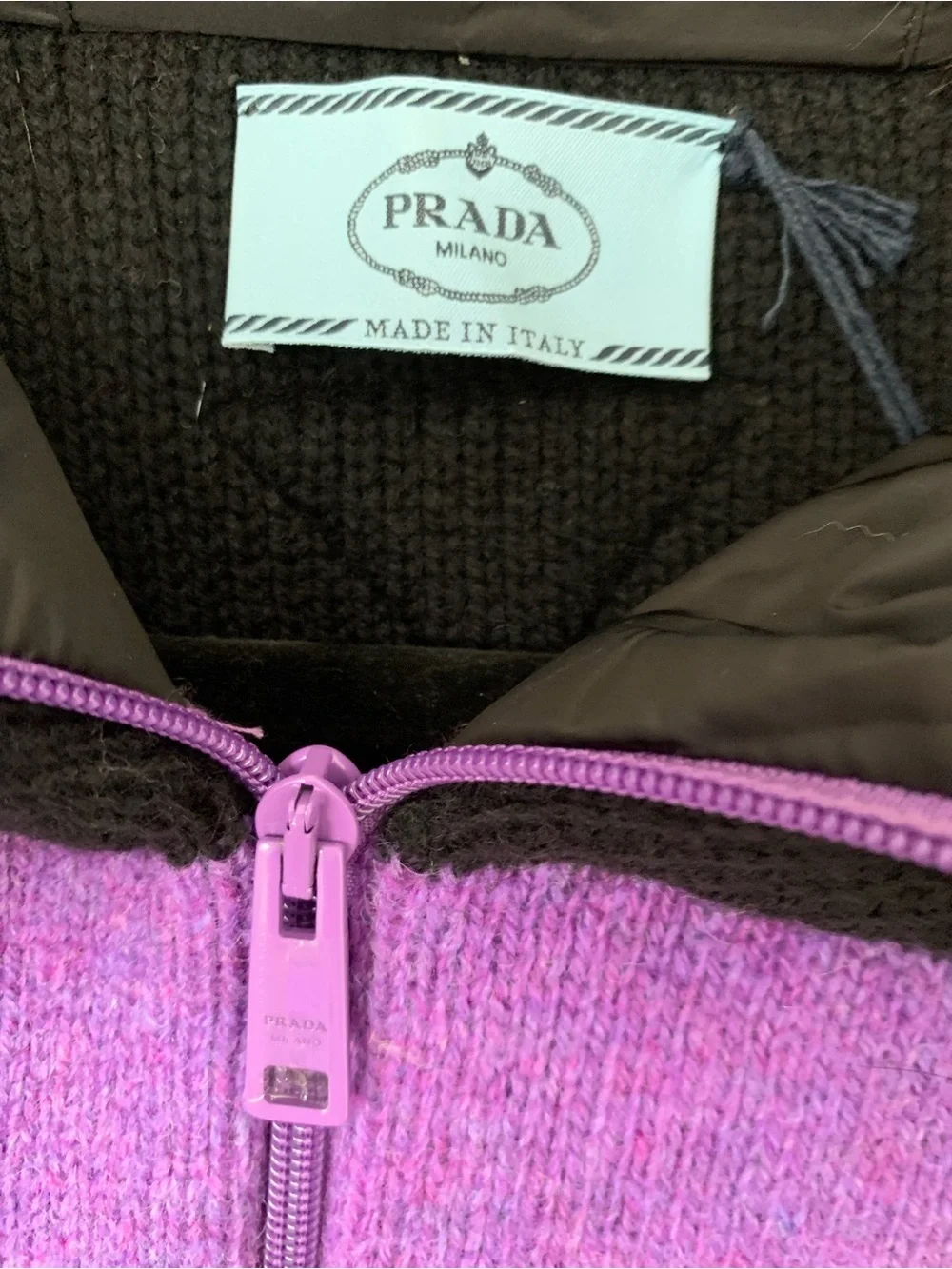 Prada virgin wool zip up cardigan coat fox fur hood amethyst NWT